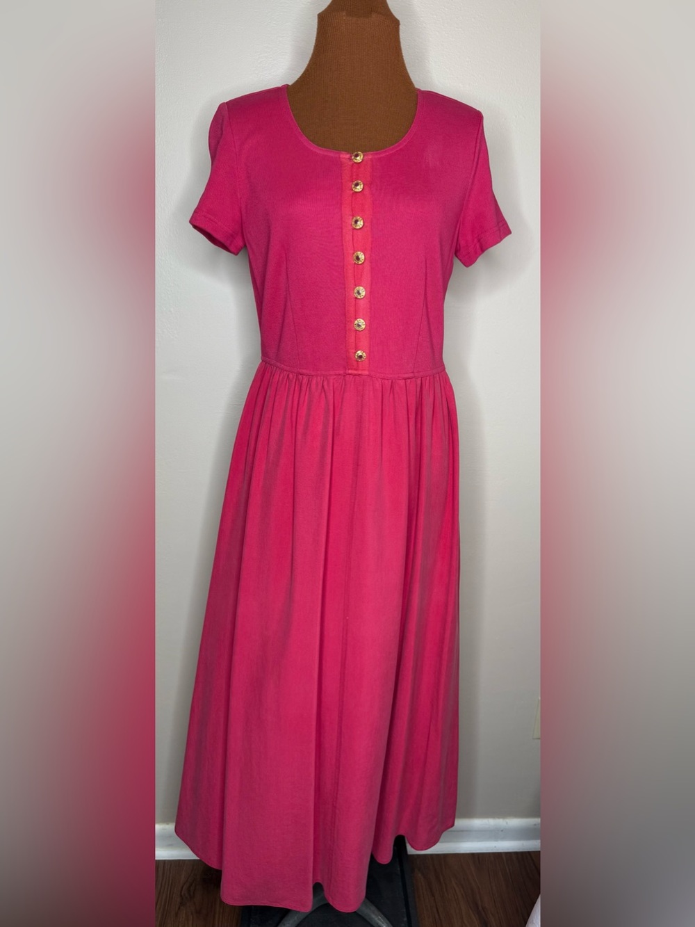 August Silk Hot Pink Short-Sleeve Button Front Maxi Dress Gathered Waist Size 4